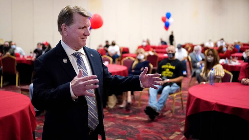 Jim Marchant attends a Republican election night watch party, Tuesday, Nov. 3, 2020, in Las...