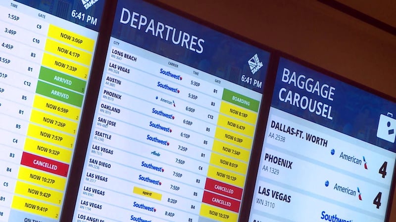 The arrivals and departures signs at the Reno-Tahoe International Airport.