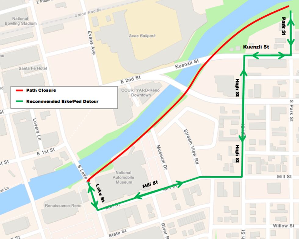 Suggested Truckee River path detours Aug. 14 to Aug. 18