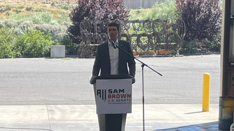 Republican Sam Brown announces his bid for Nevada's U.S. Senate seat at an event in Reno, Nev....