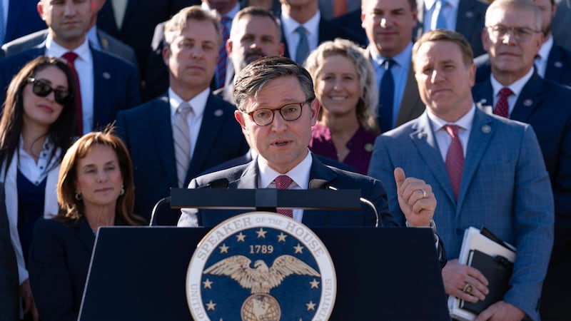 House Speaker Mike Johnson of La., speaks during a news conference at the Capitol in...