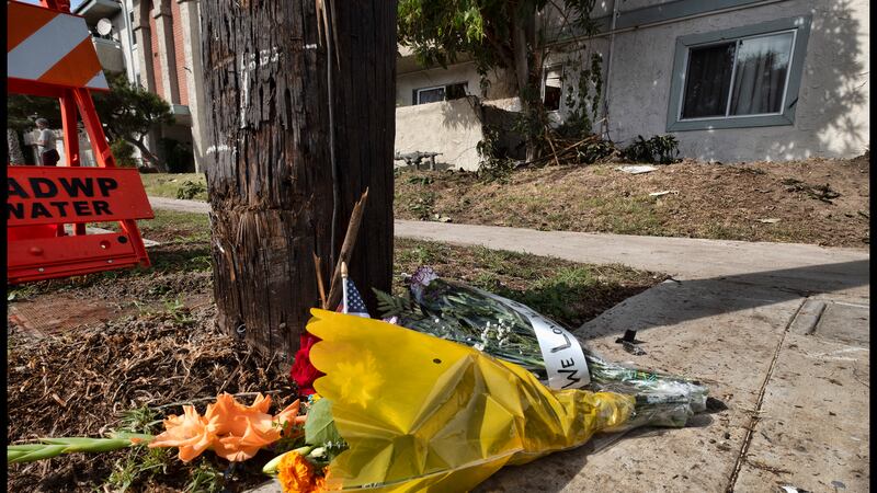 Flowers lay near a crash site in the Northridge section of Los Angeles on Saturday, Nov. 4,...