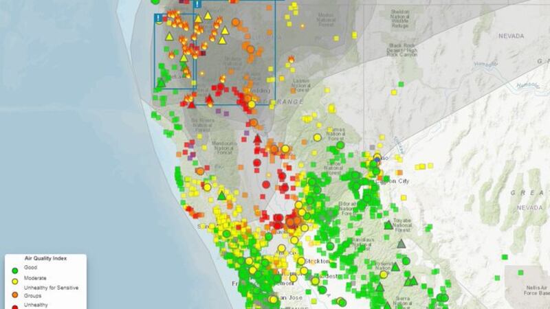 An NWS map of area smoke and fire