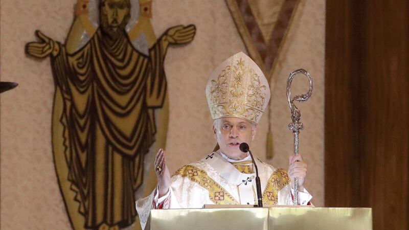 In this Sunday, April 12 2020 photo, San Francisco Archbishop Salvatore Cordileone celebrates...