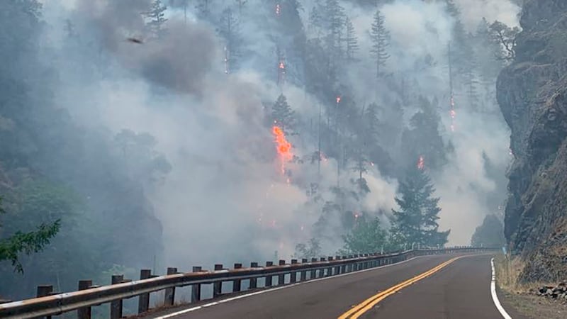 In this photo provided by Caltrans, smoke and flames rise from the Smith River Complex Fire...