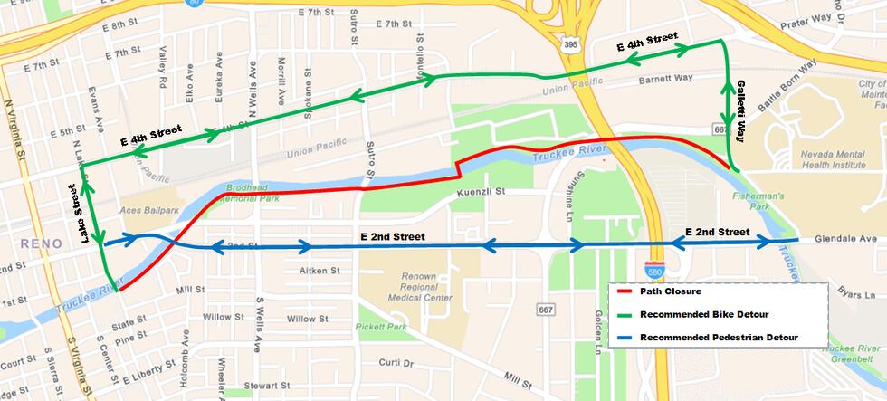 Suggested Truckee River path detours Aug. 21 to Sept 15.