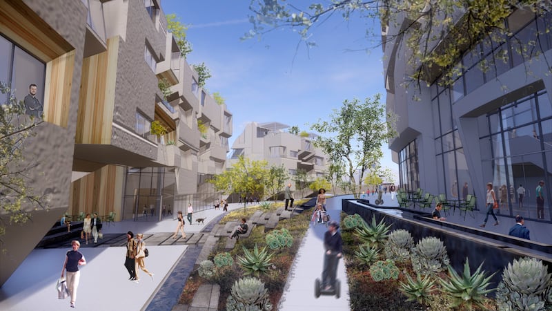 This undated illustration provided by Blockchains LLC shows a proposed "smart city" in rural...