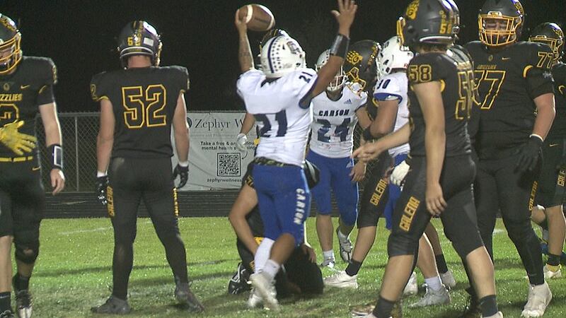 Carson’s Christian Rey celebrates an interception against Galena