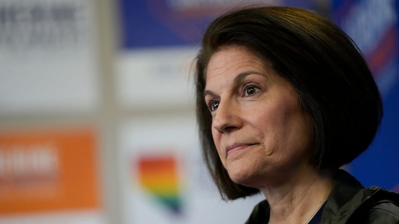 U.S. Sen. Catherine Cortez Masto, D-Nev., looks on during a meeting with supporters, Monday,...