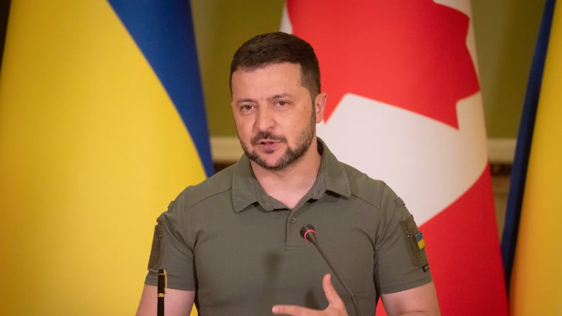 Ukrainian President Volodymyr Zelenskyy speaks during joint press conference with Canada's...