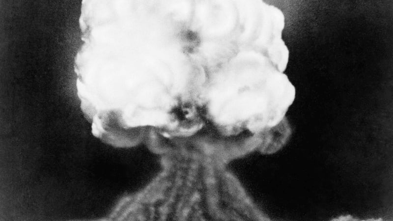 This July 16, 1945, file photo, shows the mushroom cloud of the first atomic explosion at...