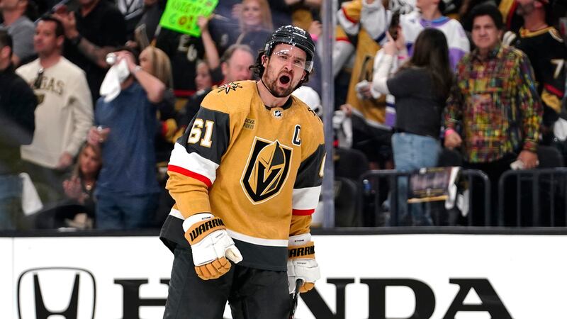 Vegas Golden Knights right wing Mark Stone celebrates his goal against the Winnipeg Jets...