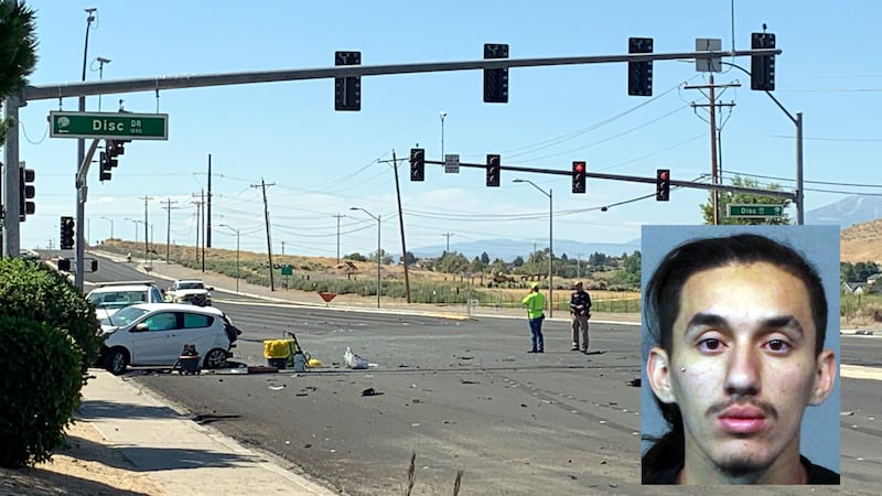 The scene of a fatal crash at Sparks Boulevard and Disc Drive, plus suspect Emilio Mendoza.