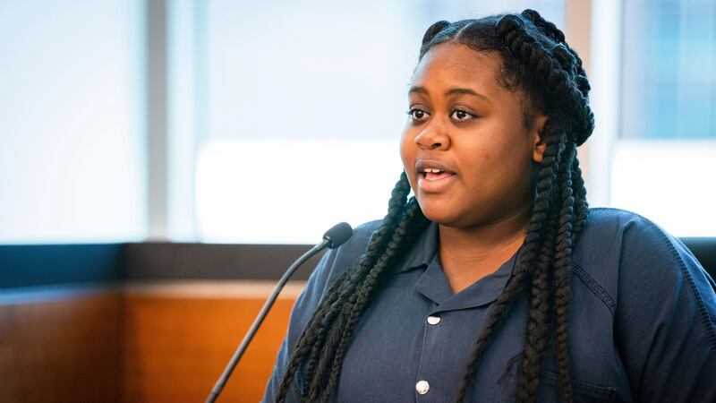 FILE - Pieper Lewis gives her allocution during a sentencing hearing, Tuesday, Sept. 13, 2022,...