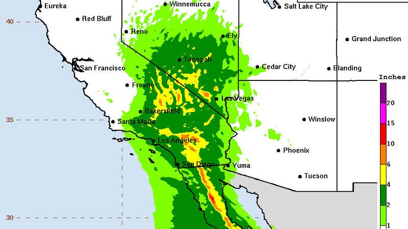 Estimated precipitation totals from Hurricane Hilary moving inland.