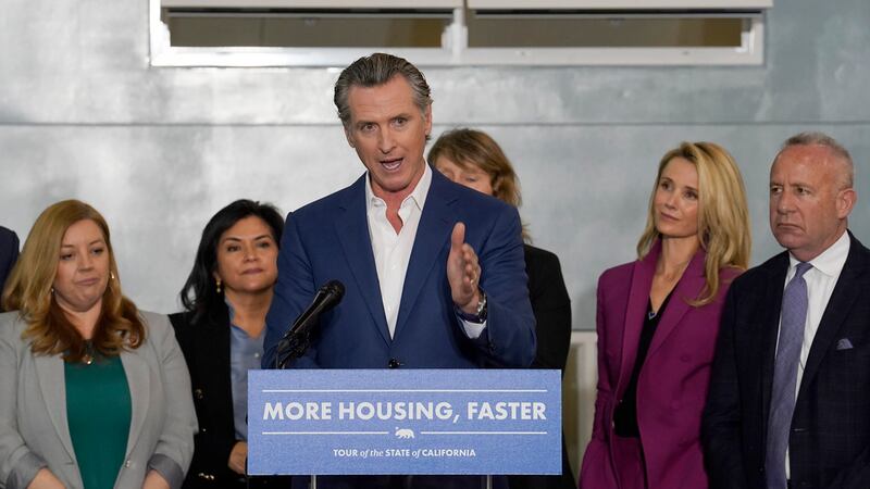 FILE - California Gov. Gavin Newsom announces a proposal to build 1,200 small homes across the...